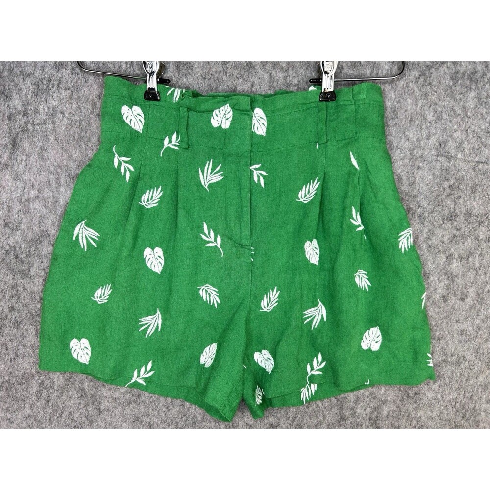 Ann Taylor Shorts Womens Sz 0 Green White Embroidered Leaf Paperbag Linen Blend